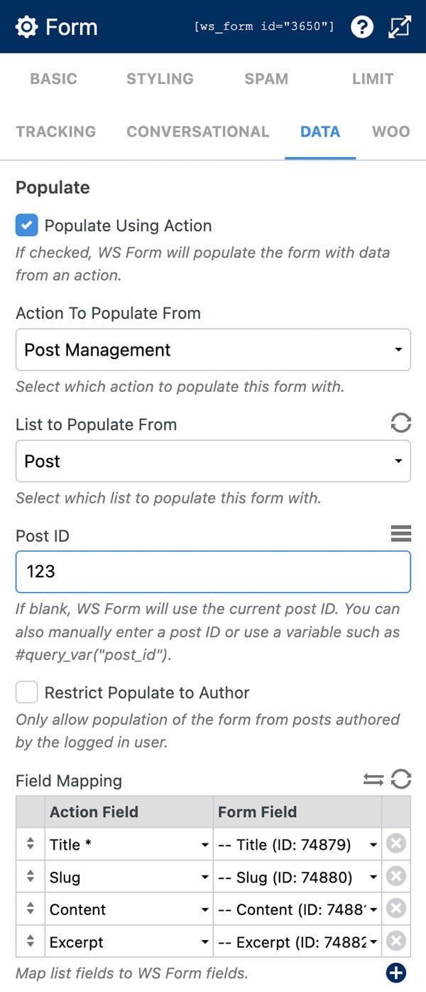 WS Form PRO - Post Management - Populate Form Using Post Data