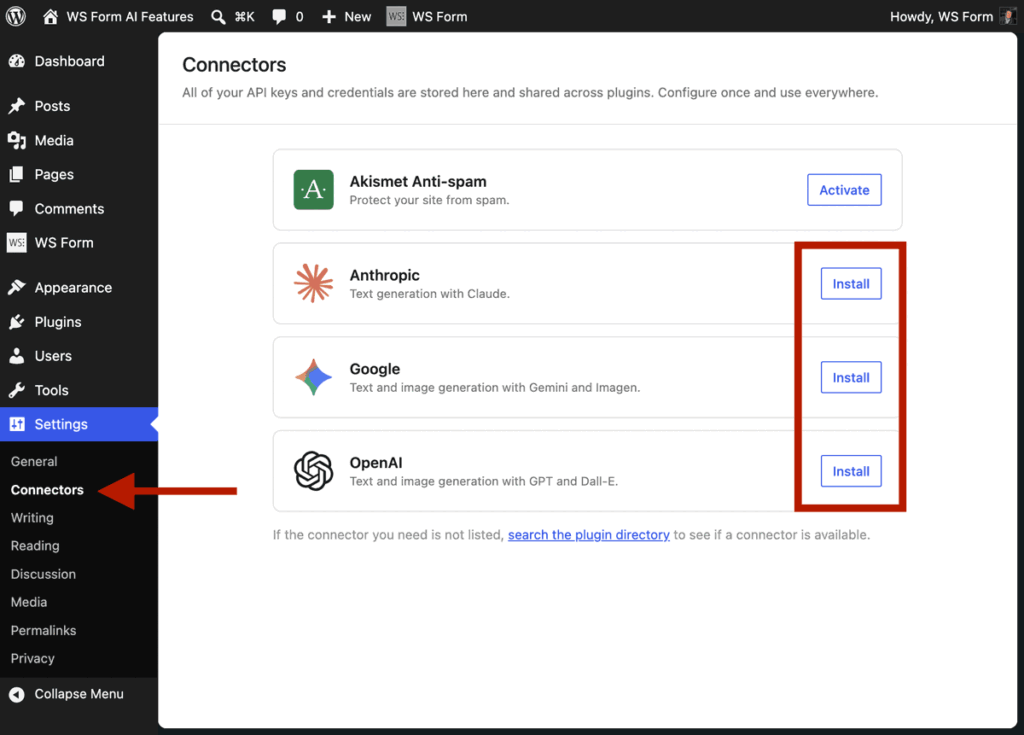 WordPress - Settings - Connectors