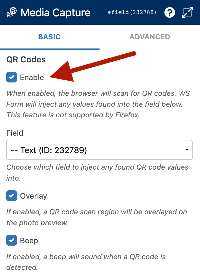 WS Form - Media Capture - QR Codes - Enable