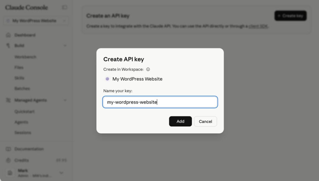 Anthropic Claude - Workspace - Create API Key