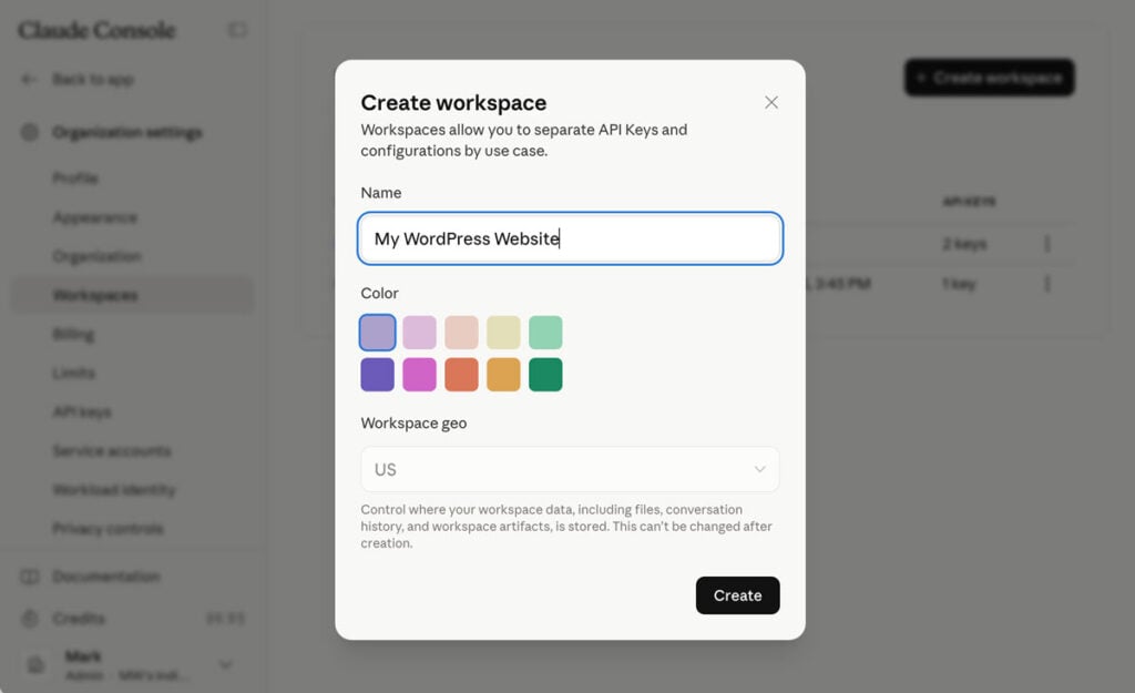 Anthropic Claude - Create Workspace - Name