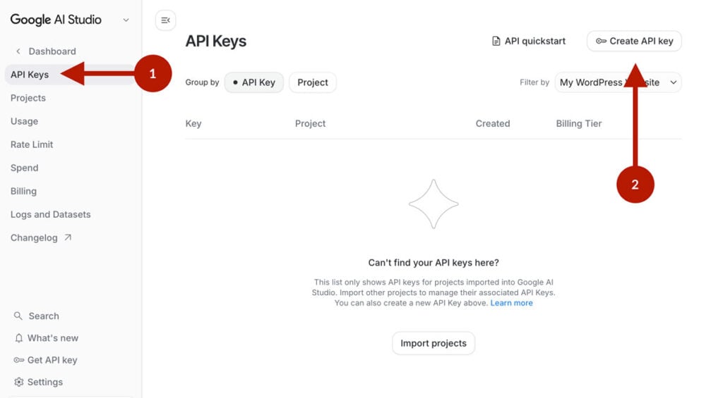 Google AI Studio (Gemini) - Projects - Create API Key