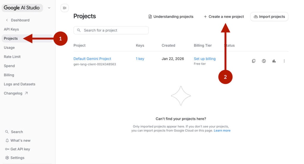 Google AI Studio (Gemini) - Projects - Create Project