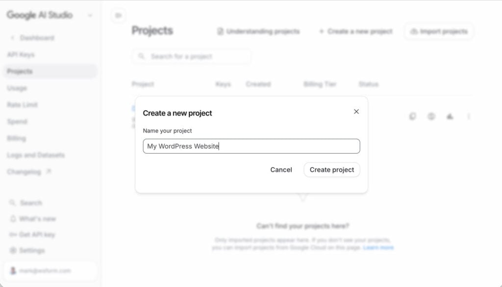 Google AI Studio (Gemini) - Projects - Create Project - Name
