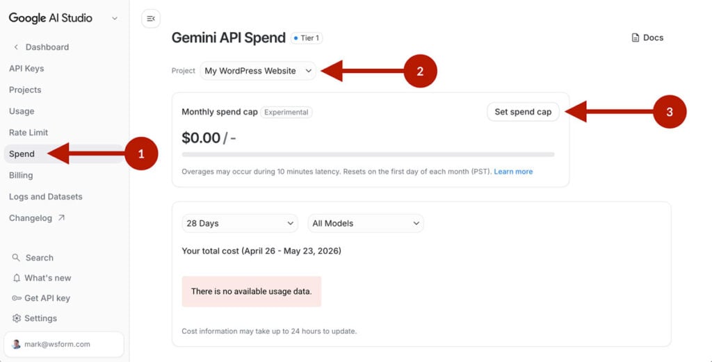 Google AI Studio (Gemini) - Projects - Set Monthly Spending Cap