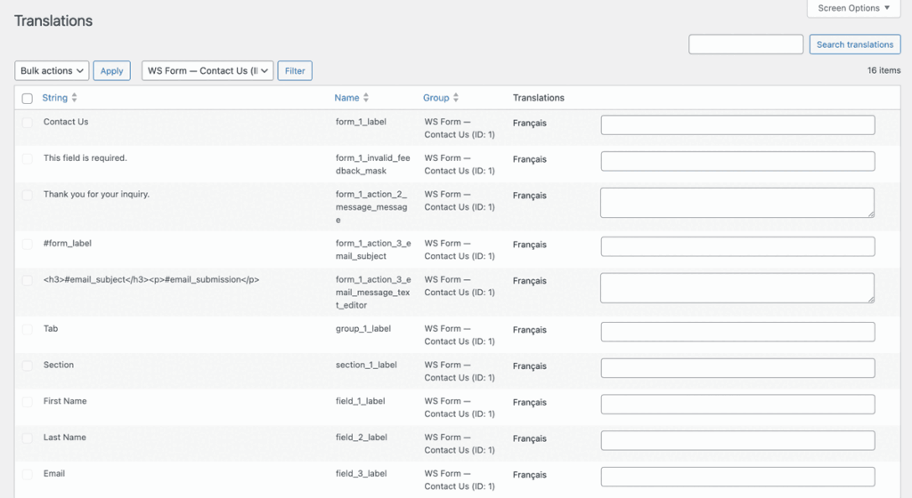 WS Form - Form Settings - Translation - Polylang - Translations