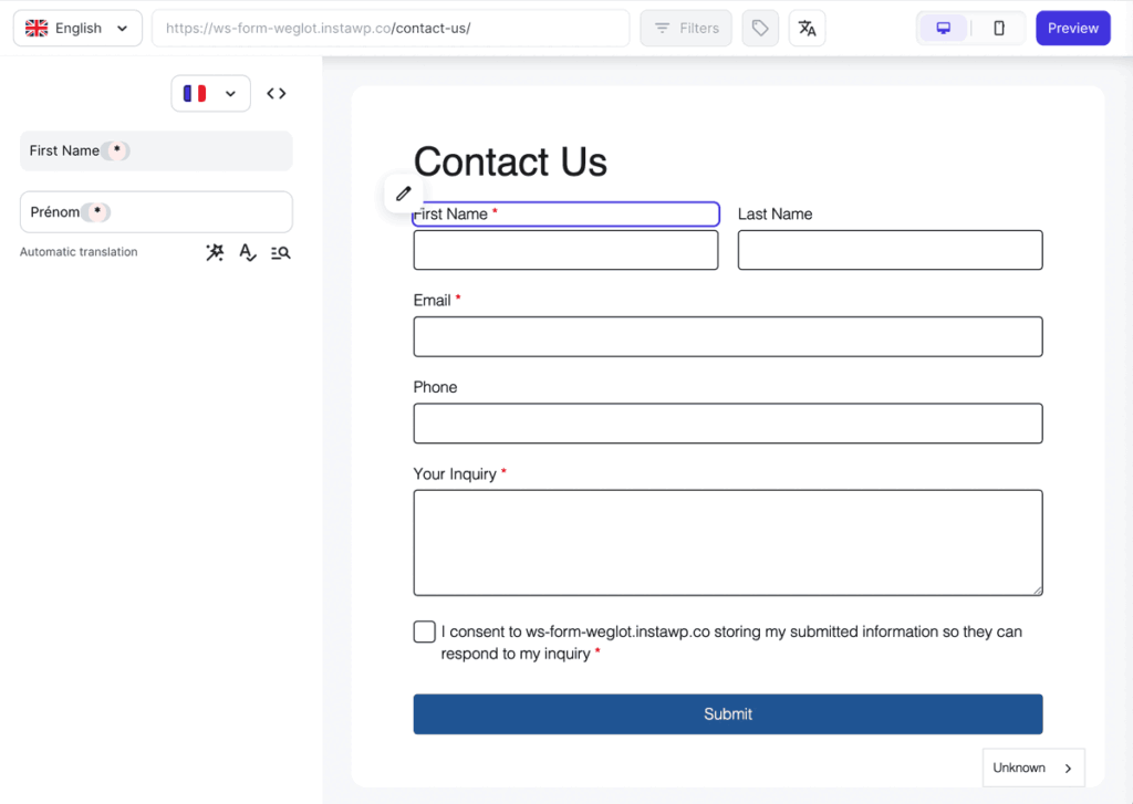 WS Form - Form Settings - Translation - Weglot - Visual Editor