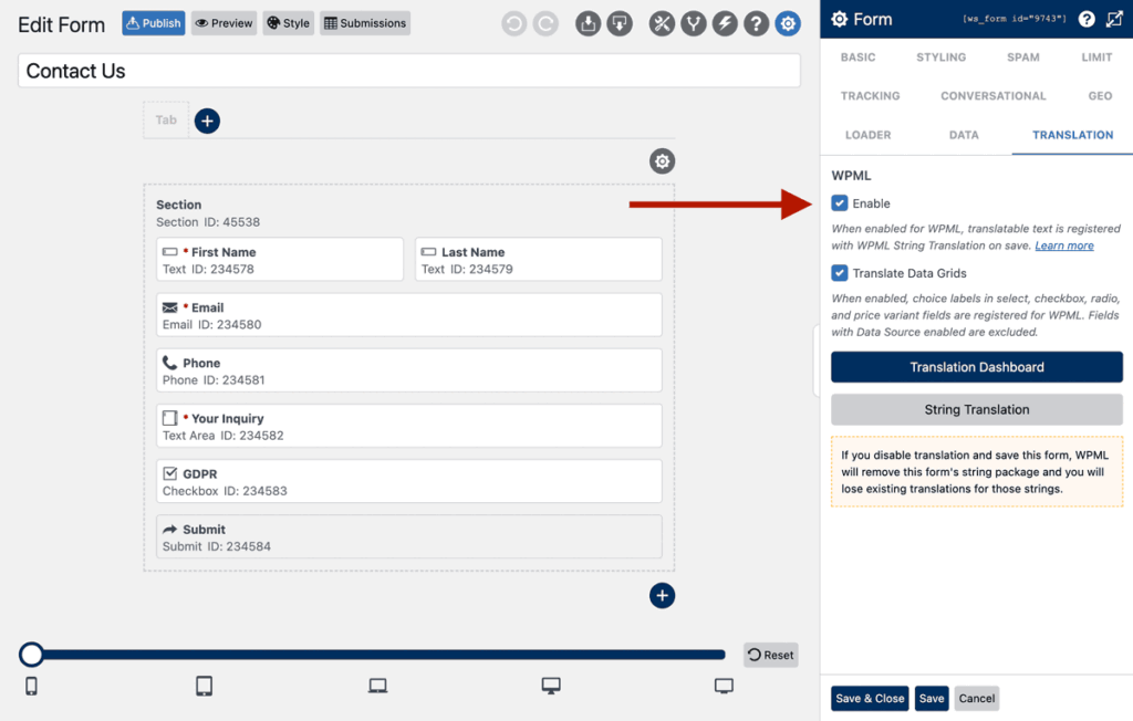 WS Form - Form Settings - Translation - WPML - Enable