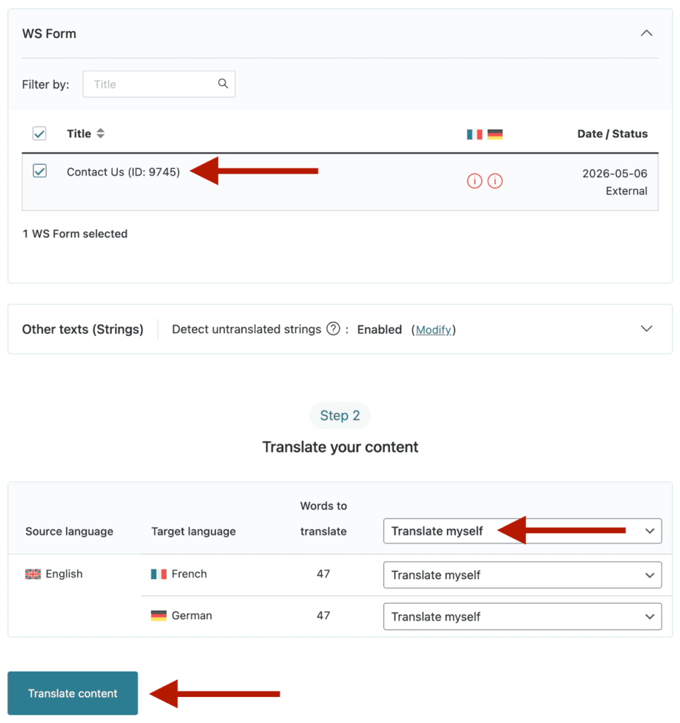 WS Form - Form Settings - Translation - WPML - Translation Dashboard