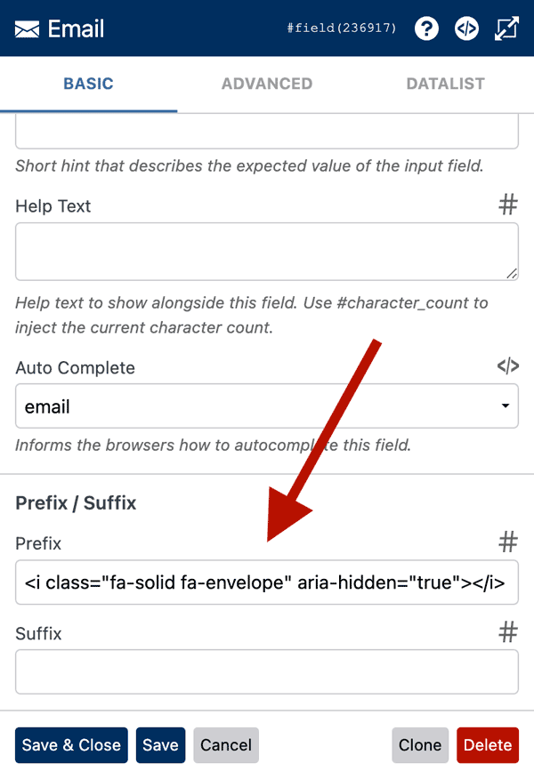 Adding an icon to a Prefix or Suffix in WS Form