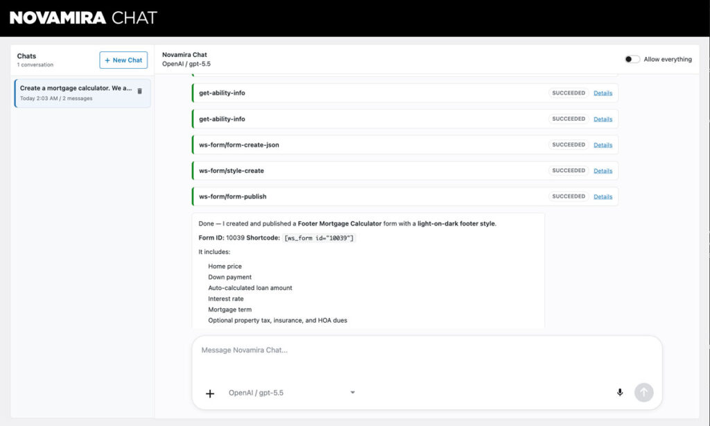 Novamira Chat using WS Form abilities to build a form in WordPress