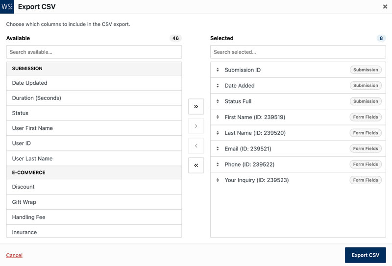 WS Form - Submission - Export - Choose Columns