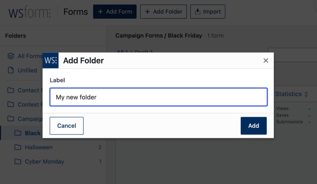 WS Form - Form Folders - Add